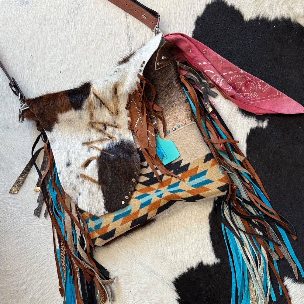 Bohemian Cowhide Crossbody Bag with Fringe